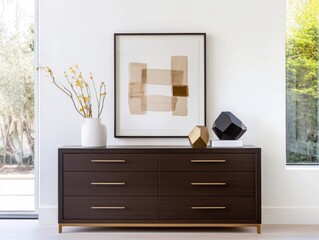 Contemporary dresser in dark walnut finish with brass accents, decorated with geometric sculptures and a framed monochrome abstract painting, placed