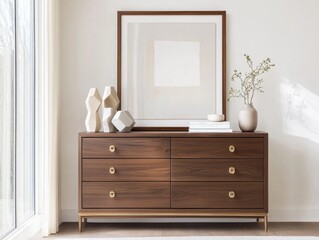 Contemporary dresser in dark walnut finish with brass accents, decorated with geometric sculptures and a framed monochrome abstract painting, placed