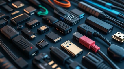 Cables and computer ports different types. Vector isolated set of realistic adapters. Displayport and type C, USB and mini jack headphones or microphone, DCIN and HDMI for connecting monitor