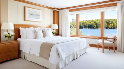 Obraz premium Elegant bedroom with a king size bed, layered bedding, and a large window showcasing a peaceful lake