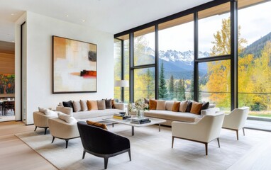 Fototapeta premium Elegant contemporary living room with floor to ceiling windows, a velvet couch, and a statement art piece on the wall
