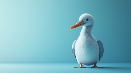 Fototapeta premium A baby bird with orange beak stands on a blue background