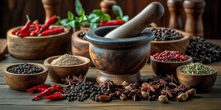 A photo of various spices and herbs in wooden bowls, including cumin powder, black pepper seeds, star anise pods, red chili peppers, and cinnamon sticks