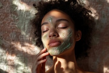 Fototapeta premium A young woman with curly hair relaxes with a green face mask, eyes closed, enjoying a peaceful skincare moment.