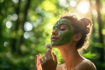 Woman applying a green facial mask outdoors in a sunny forest setting.