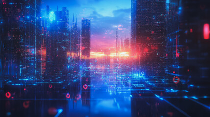 Obraz premium Smart digital Innovation city with connection network reciprocity over the cityscape. of future smart wireless digital city and social media networking systems that connects people with in city