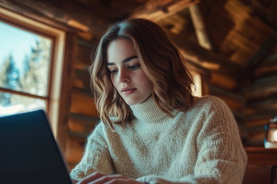 Young woman using laptop in cozy wooden cabin, enjoying winter day.