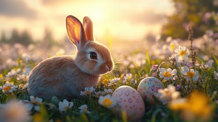 Easter bunny and decorated eggs in spring meadow at sunset