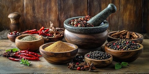A photo of various spices and herbs in wooden bowls, including cumin powder, black pepper seeds, star anise pods, red chili peppers, and cinnamon sticks