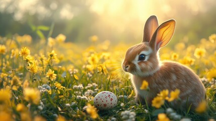 Fototapeta premium Easter bunny with decorated egg in a sunny spring field