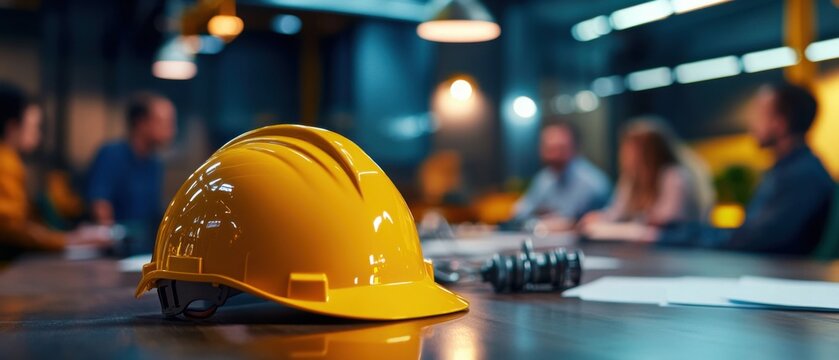 Yellow hard hat on a table with blurred group of diverse adults in a meeting, concept of construction, safety, and teamwork in a modern office