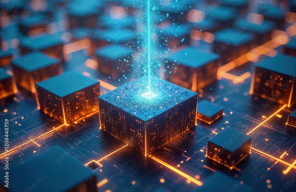 Poster abstract illustration of futuristic computer architecture. complex tech network with glowing cubes. 