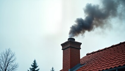 Dark smoke billows from brick chimney on modern house roof. Wintery scene shows pollution from solid fuel heating. Exterior shot of building in countryside. Environmental problems, energy use shown.