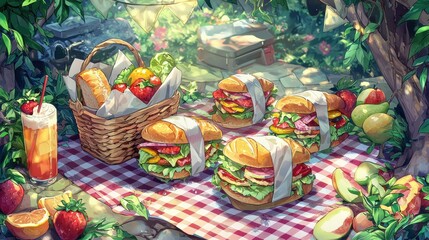 Fototapeta premium Cheerful picnic with fresh sandwiches and fruit under a sunlit tree canopy