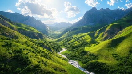 Fototapeta premium Majestic mountain valley with lush greenery and serene river under clear sky
