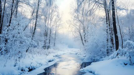 Obraz premium A frozen forest with snow-covered trees and a frozen stream , stillness, landscape, frozen. Frozen Forest. Illustration