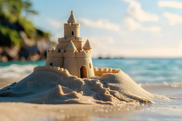 Naklejka premium Sand castle on the shore background with copy space