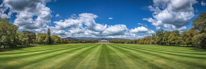 Symmetrical View of Parliament House Canberra, Grand Government Building, Clear Blue Sky with Lawns