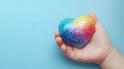 Little child hand holding colorful puzzle heart on light blue background. concept of autism awareness