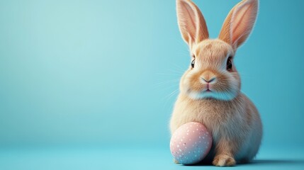Adorable easter bunny with decorated egg on soft blue background