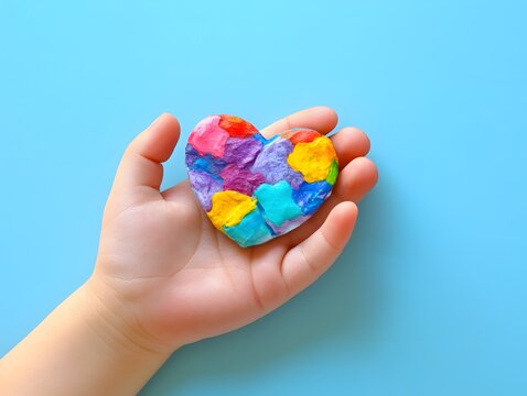 Little child hand holding colorful puzzle heart on light blue background. concept of autism awareness