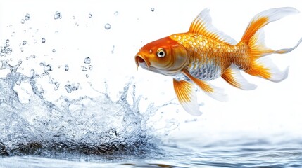 Energetic goldfish jumping out of water with splashing droplets
