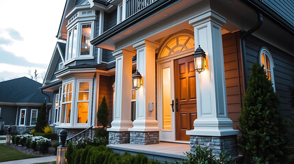 Obraz premium Luxury Home Exterior at Night: Modern Architectural Design, Grand Entrance, and Elegant Facade