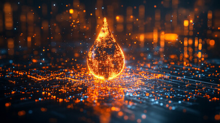 A digital water drop icon featuring cascading binary code symbolizing the fusion of technology and nature, representing data flow and innovation in the digital age with a bright, modern, blurred backg
