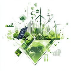 A white background with green images of the environment, solar panels, and buildings in a diamond-shaped pattern collage with an interactive web design element that contains icons representing energy 