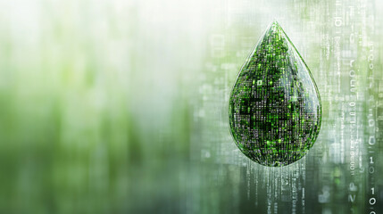 A digital water drop icon featuring cascading binary code symbolizing the fusion of technology and nature, representing data flow and innovation in the digital age with a bright, modern, blurred backg