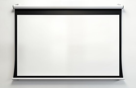 Empty white presentation screen with black frame mounted on white wall. Modern design for projecting images videos. Versatile backdrop for various presentations showing information. Suitable for