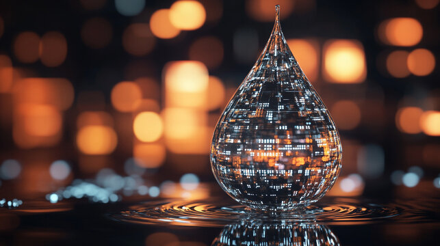 A digital water drop icon featuring cascading binary code symbolizing the fusion of technology and nature, representing data flow and innovation in the digital age with a bright, modern, blurred backg