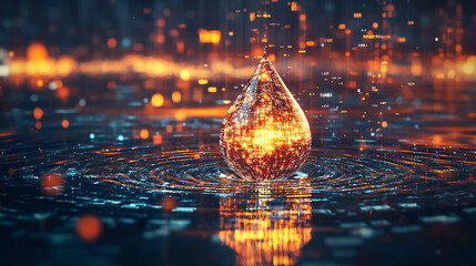A digital water drop icon featuring cascading binary code symbolizing the fusion of technology and nature, representing data flow and innovation in the digital age with a bright, modern, blurred backg
