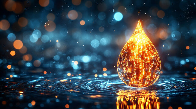 A digital water drop icon featuring cascading binary code symbolizing the fusion of technology and nature, representing data flow and innovation in the digital age with a bright, modern, blurred backg