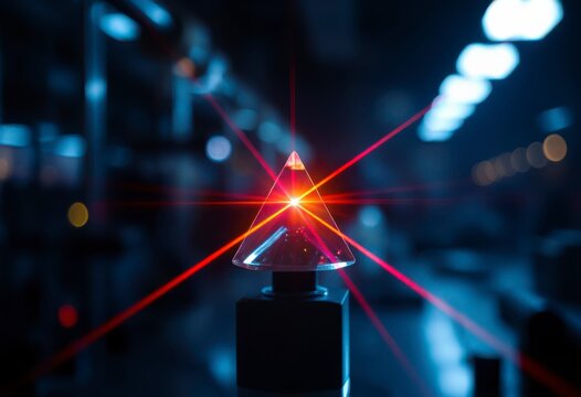 Laser beams pass through a prism in an optical physics laboratory, creating vivid colors and highlighting the properties of light.
