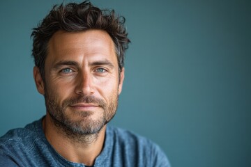 Fototapeta premium Professional male portrait with blue eyes and casual attire against a neutral background