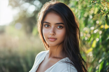 Fototapeta premium A woman with long dark hair and a white shirt is standing in a field
