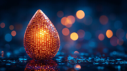 A digital water drop icon featuring cascading binary code symbolizing the fusion of technology and nature, representing data flow and innovation in the digital age with a bright, modern, blurred backg