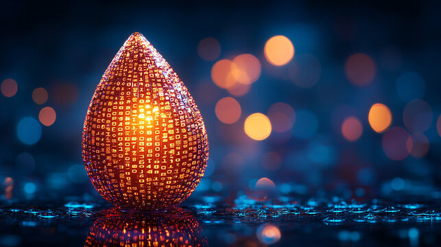 A digital water drop icon featuring cascading binary code symbolizing the fusion of technology and nature, representing data flow and innovation in the digital age with a bright, modern, blurred backg