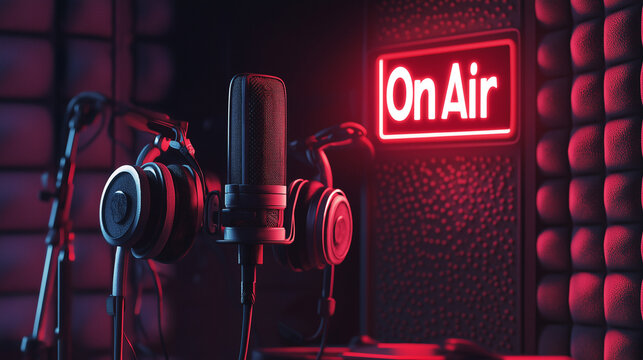 Leuchtendes "On Air"-Schild mit Mikrofonen in einem modernen Studio

