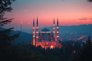 Obraz premium Majestic Mosque at Sunset Over Cityscape