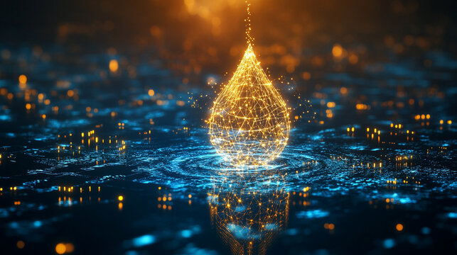 A digital water drop icon featuring cascading binary code symbolizing the fusion of technology and nature, representing data flow and innovation in the digital age with a bright, modern, blurred backg