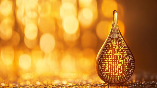 A digital water drop icon featuring cascading binary code symbolizing the fusion of technology and nature, representing data flow and innovation in the digital age with a bright, modern, blurred backg