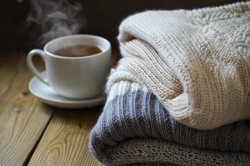 Cozy relaxation with flat-lay of folded sweatpants, fuzzy socks, and warm tea