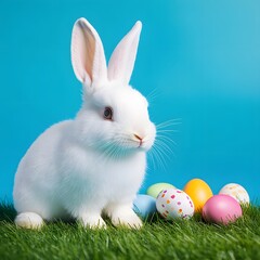 White Easter bunny is sitting on green grass with colorful Easter eggs