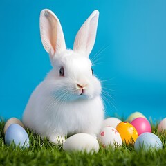 White Easter bunny is sitting on green grass with colorful Easter eggs