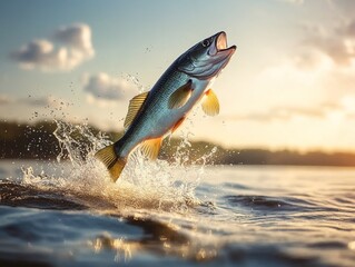 Fototapeta premium A photo of a largemouth bass jumping out of the water to catch a fish