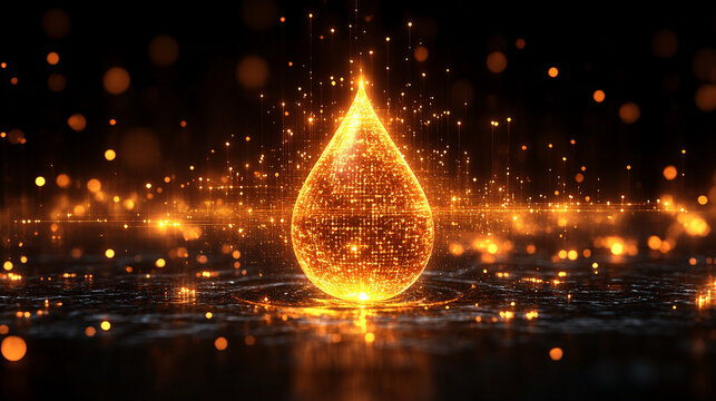 A digital water drop icon featuring cascading binary code symbolizing the fusion of technology and nature, representing data flow and innovation in the digital age with a bright, modern, blurred backg