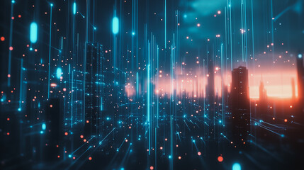 Obraz premium Smart digital Innovation city with connection network reciprocity over the cityscape. of future smart wireless digital city and social media networking systems that connects people with in city
