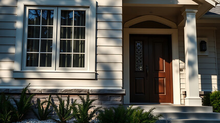 Elegant Home Exterior: Modern House Design with Classic Architecture.  Beautiful front door and window design. Real Estate, Property, and Residential Architecture